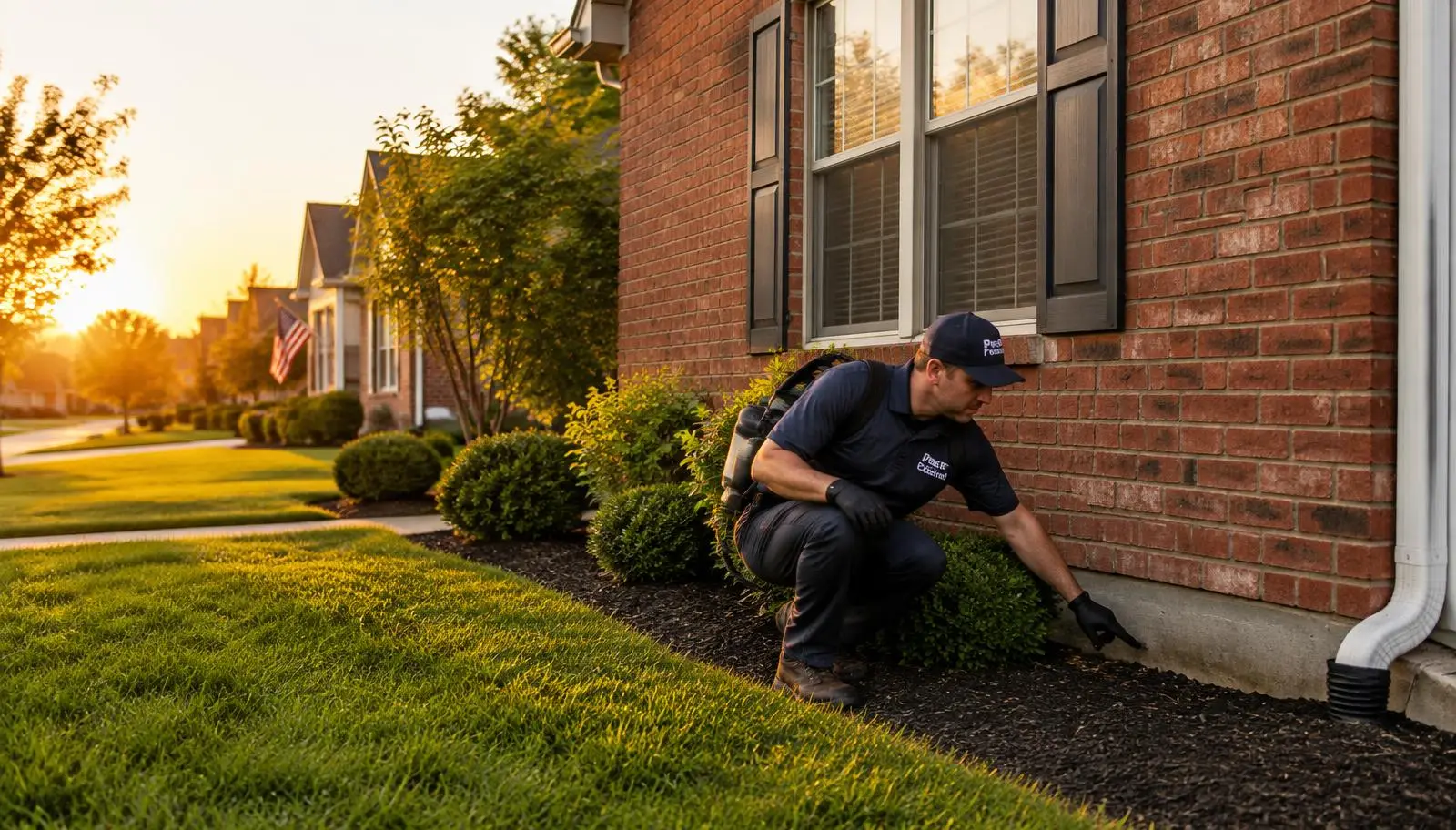 Technician inspecting a suburban home